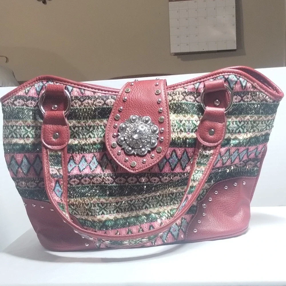 Heritage West Red Southwestern Studded Rhinestone Concho Shoulder Bag Tote